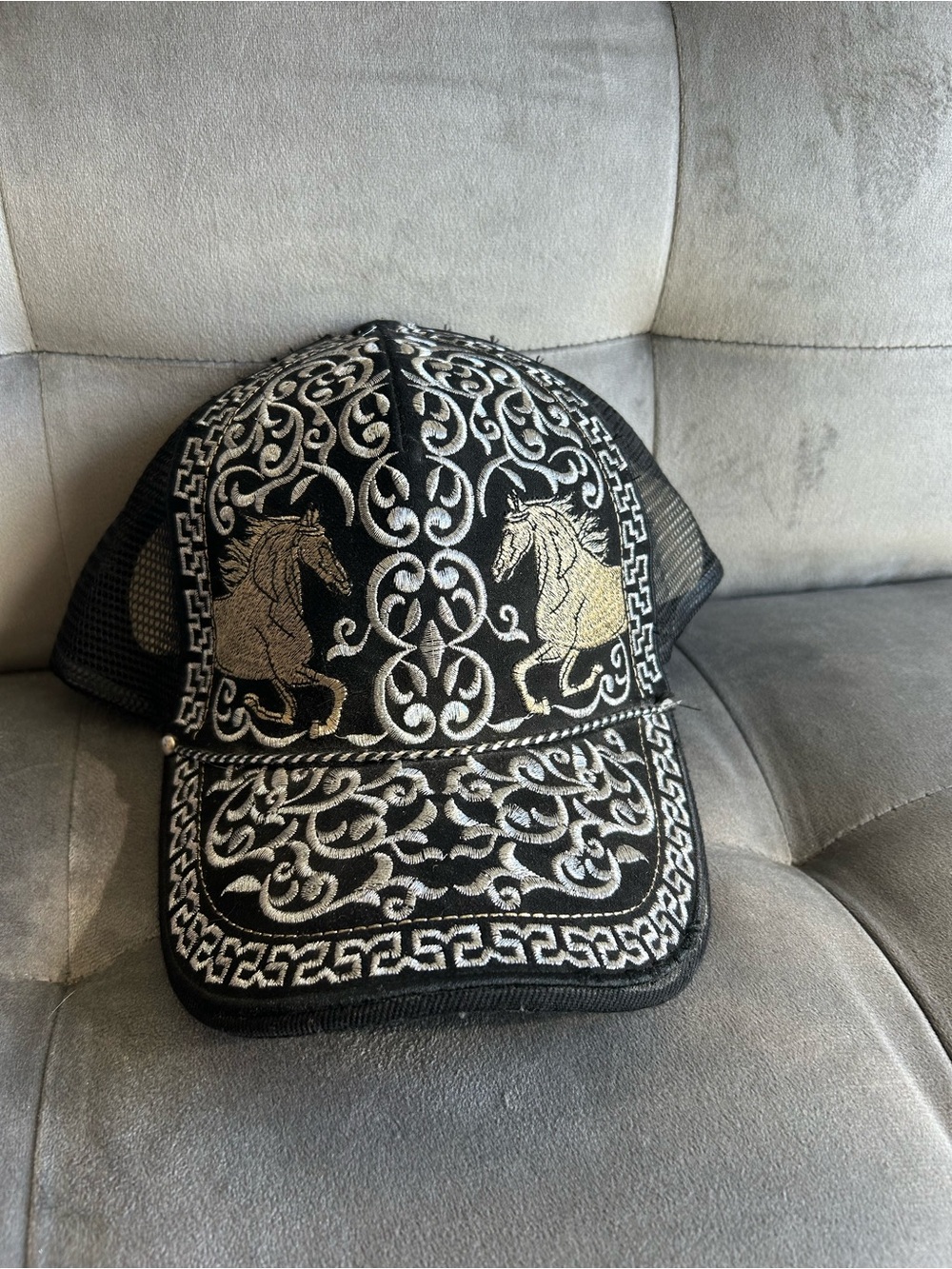 Black Embroidered Trucker Hat with Gold Horse Motif